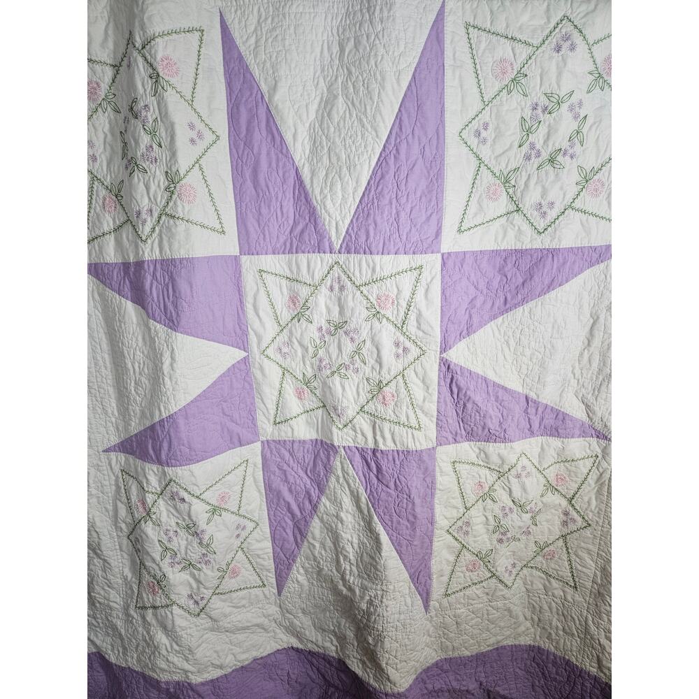 Vintage Handmade Embroidered Starburst Quilt 76x74 Purple White Full Size - Picture 5 of 13